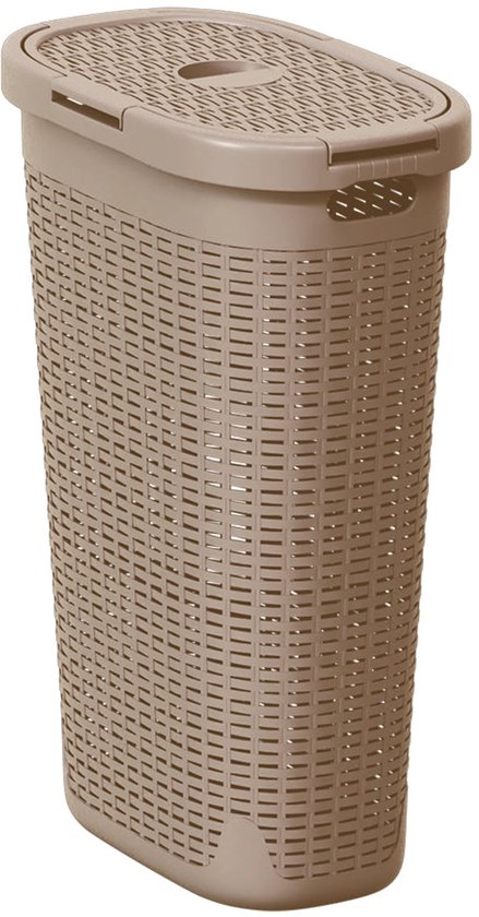 Beige, ovale wasmand met gevlochten patroon en deksel.