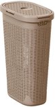 Beige, ovale wasmand met gevlochten patroon en deksel.