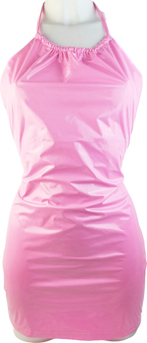 BamBella® Jurk - Maat S/M - Roze dames kleding sexy Glans kleding mix van Latex en stof Datex Wetlook