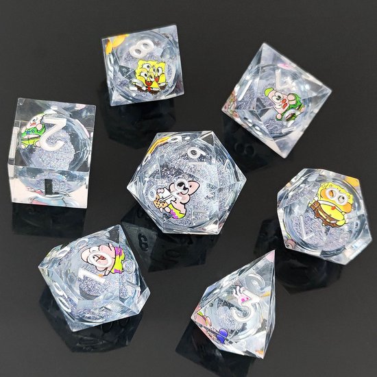 Ensemble de dés Joya Kids® Dungeons and Dragons | Set de Dés DnD Polydice | Ensemble de dés D&D | Ensemble de 7 pièces en résine | Coffre de rangement de Luxe inclus | Bob l'éponge | Core liquide avec paillettes