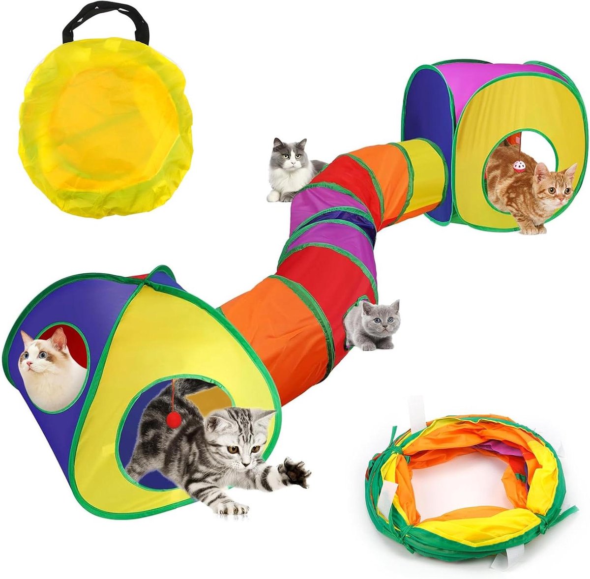 Interactieve kattenspeeltunnel 3-in-1 voor katten, honden, konijnen en kinderen – opvouwbare kattenspeeltunnel met rammelaar en opbergzak