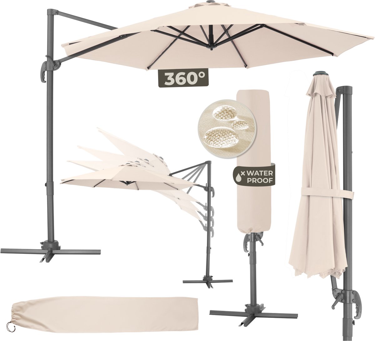 tectake® Grote Zweefparasol met Beschermhoes - Ø 300 cm - In Hoogte Verstelbaar - Opvouwbaar - met Voet en Zwengel - UV-bescherming 50+ - Tuinparasol - Parasol voor Terras of Balkon - Beige