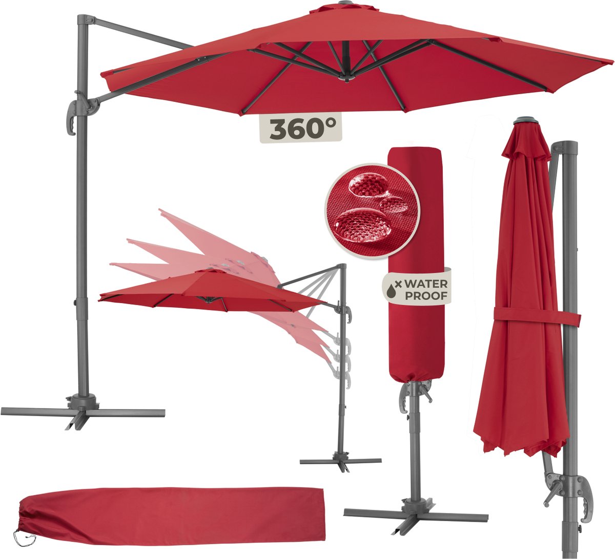 tectake® Grote Zweefparasol met Beschermhoes - Ø 300 cm - In Hoogte Verstelbaar - Opvouwbaar - met Voet en Zwengel - UV-bescherming 50+ - Tuinparasol - Parasol voor Terras of Balkon - Rood