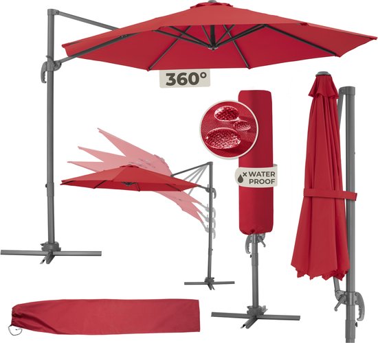 tectake® - Grote zweefparasol met beschermhoes, Ø 300 cm, in hoogte verstelbaar, opvouwbaar, met voetpedaal en zwengel - UV-bescherming 50+ - Tuinparasol, voor terrasoverkapping of balkon - wijnrood