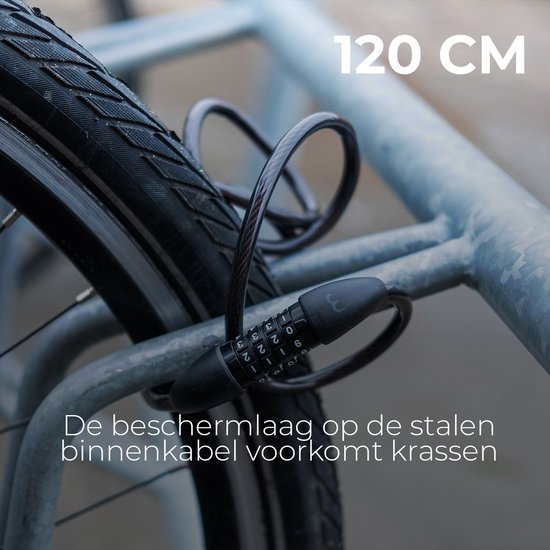 Câble de vélo noir de 120 cm avec serrure à combinaison, attaché à un support.