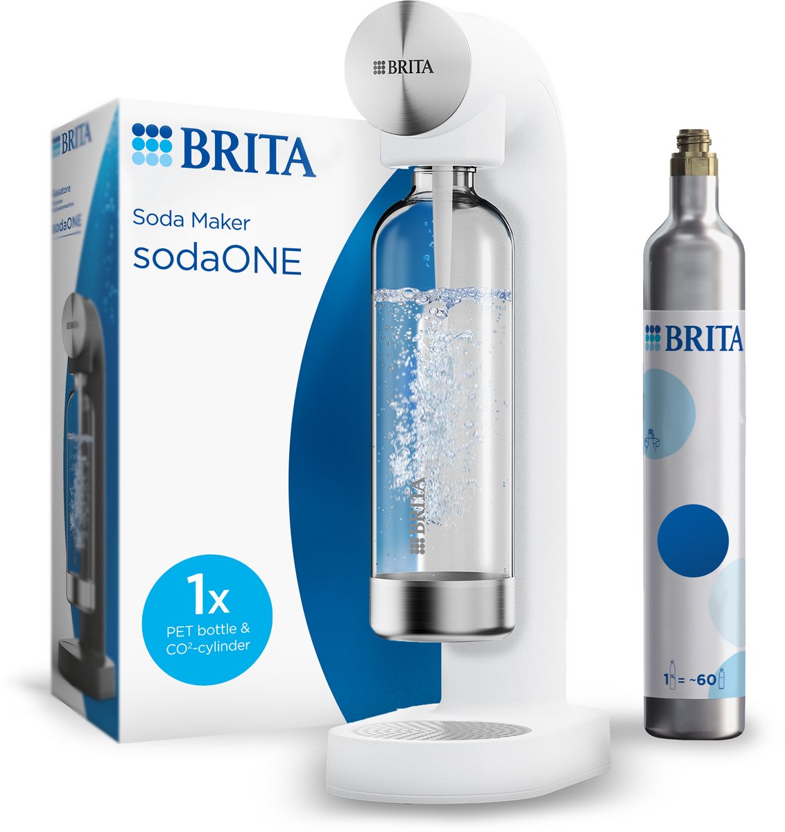 BRITA bruiswatermachine sodaONE - Wit - Bruiswatertoestellen - incl. 1x BPA-vrije PET-fles (1L) & 1x BRITA universele CO2-cilinder - goed voor 60L heerlijk bruiswater