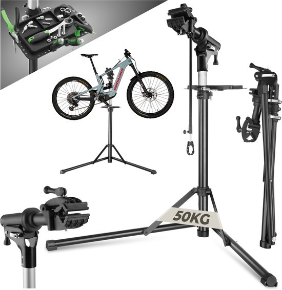 tectake® Fiets Montagestandaard - Fietsenstandaard - Fietslift - E-Bike & Fiets Reparatiestandaard - Geschikt voor alle soorten Fietsframes - Traploos Verstelbaar (106 - 169 cm) en 360° draaibaar - met Magnetische Gereedschapsbak