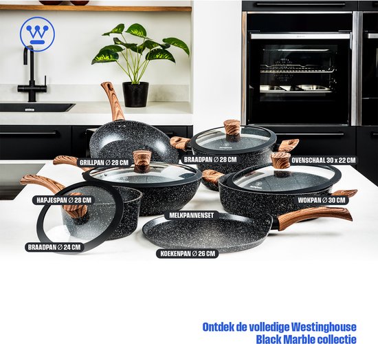 Set van Westinghouse Black Marble collectie kookgerei, waaronder grillpan, braadpan, hapjespan, melkkers, koekenpan en wok.