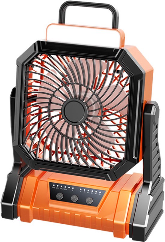 Draagbare oplaadbare ventilator met 4 snelheden, stille motor, led-lamp, USB voeding, compact voor kamperen & thuis