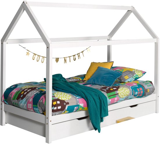 Vipack Kinderbed Dallas 90x200cm - Kajuitbed - Bed met Dak en Slaaplade - Peuterbed met Logeerbed - Ledikant - Bedframe Wit