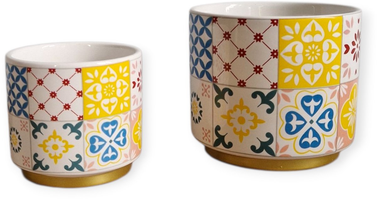 Spant7 - Set van 2 - Bloempotjes - Faro - Tegeldesign - Multicolour - 6.5 en 8.5 cm hoog