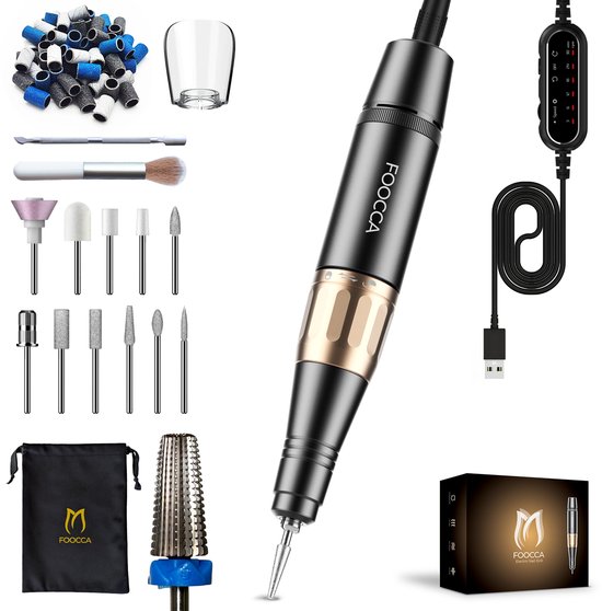Foto: Foocca pen premium elektrische nagelvijl 30000 rpm bekabelde nagelfrees manicure en pedicure set 12 bitjes en 65 schuurrolletjes uitbreidbaar 3 extra accessoires aluminium behuizing ergonomisch eeltverwijderaar