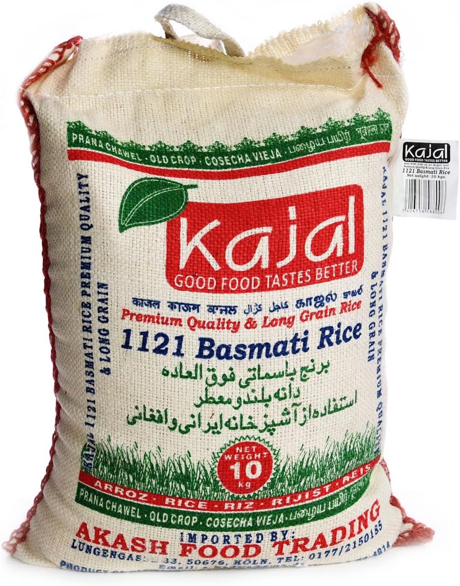 Kajal Premium Basmatirijst 1 x 10 kg - Premium langkorrelrijst, aromatisch en luchtig, ideaal voor traditionele gerechten, glutenvrij, veganistisch, rijk aan voedingsstoffen