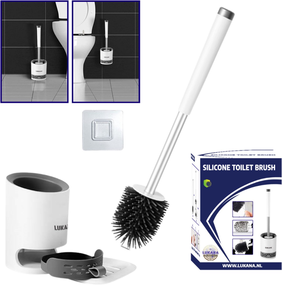 Lukana WC Borstel - Siliconen Toiletborstel met Houder - Vrijstaand of Hangend - Sneldrogend, Hygiënisch & Antibacteriële Werking - Zonder Boren - Toilet Brush - Toiletborstel Houder - Lekbak