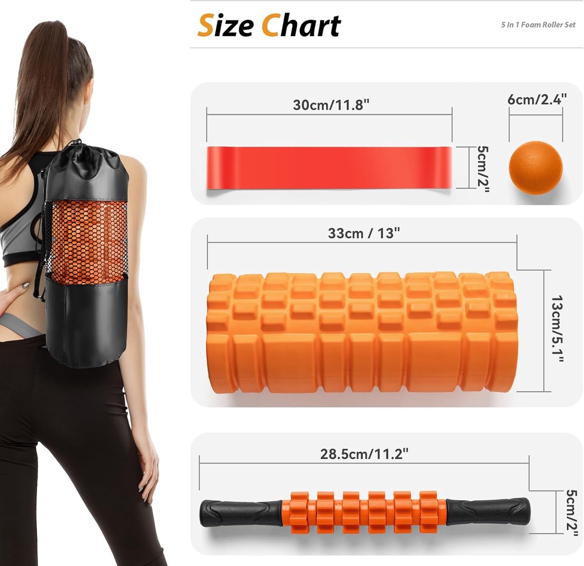 BOTC Foam roller set 4 delig met Weerstandsband - Foamroller Set - 5 Delige - met Massagebal – Massage Roller - Massage Set - Oranje thumbnail 3
