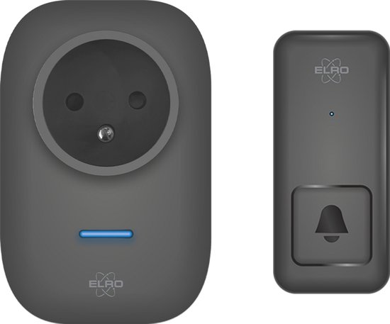 Zwarte deurbel set: stekkerontvanger met stopcontact en kinetische drukknop zonder batterijen.