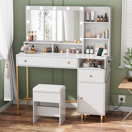 Coiffeuse - Table de maquillage - Tabouret inclus - Avec miroir et 9 Lampes LED - Avec Prises électriques et ports USB - 3 couleurs de lumière - 3 tiroirs et Planches réglables - Montage facile - 140 x 115 x 40 cm - Pour dressing de chambre - Wit