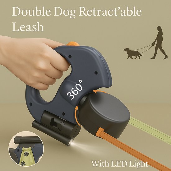 Tangle-vrije dubbele hondenriem met LED-lamp – 3 m/10 ft