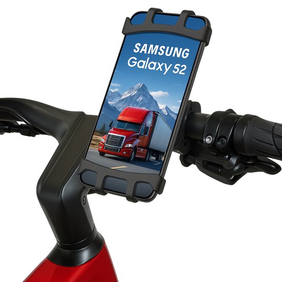 Zwarte telefoonhouder met een Samsung Galaxy S2 en een vrachtwagen op een rood fietsstuur.
