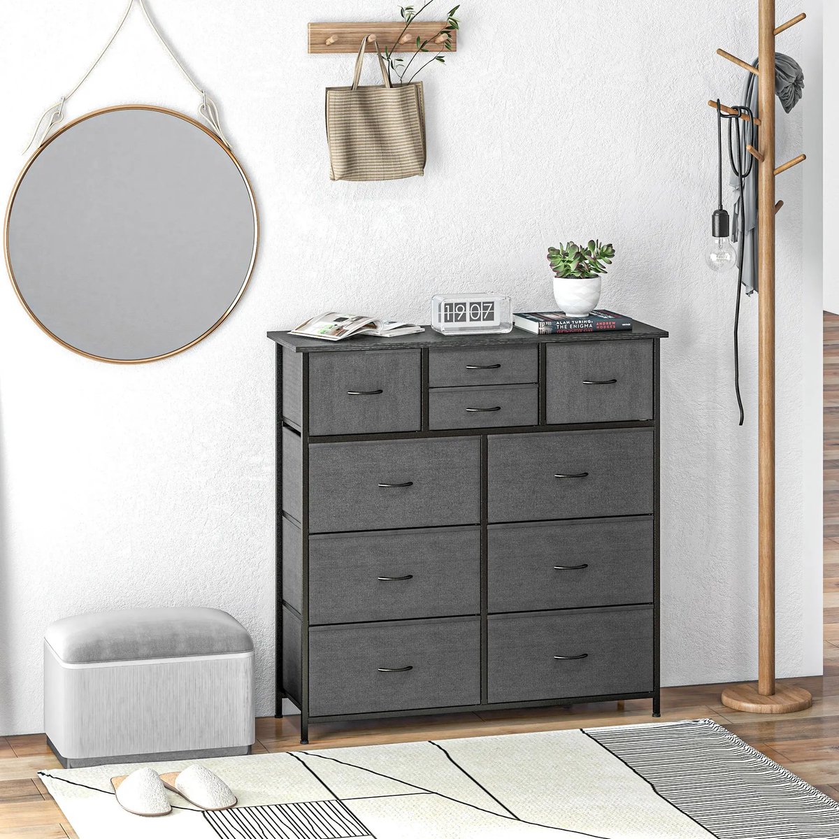 Pugsdrly Commode dressoir met stoffen laden 10 vakken metalen frame 100x30x100cm zwart