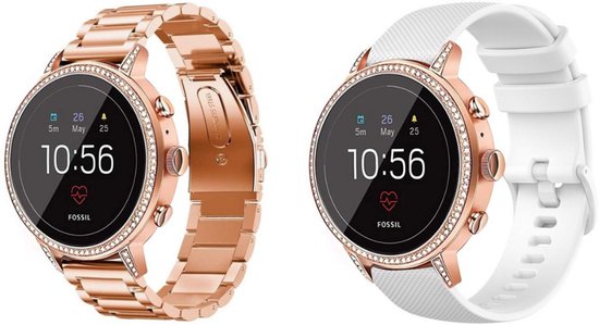 Strap-it Siliconen band (wit) + Stalen band (Roze goud) - Geschikt voor Garmin VIvoactive 4s / Vivomove 3s / Venu 2s - Horlogeband / Polsband / Armband / Sportarmband - RVS Stalen band - Stalen Schakel band - Siliconen armband