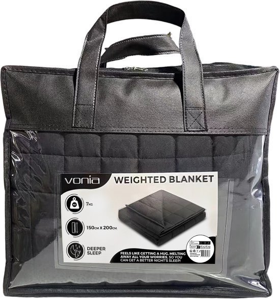 Zwarte draagtas met een gewatteerde verzwaringsdeken erin. Tekst: Vonia, Weighted Blanket, 7kg, 150x200cm, Deeper Sleep.