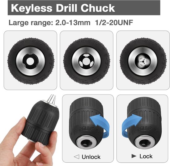 Zwarte boorkop met tekst: 'Keyless Drill Chuck Large range: 2.0-13mm 1/2-20UNF'.