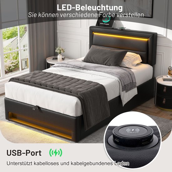 Bed Met Opbergruimte 90x200 Cm - Grijs Linnen - Tienerbed Met USB Aansluiting Lattenbodem Zonder Matras