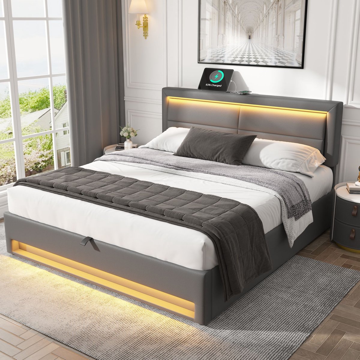 HAUSS SPOLE Tweepersoonsbedden 160x200 cm - Gestoffeerd Bed Met USB-Oplader En Opbergruimte - PU - Grijs
