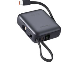 Xssive PB45 Powerbank 10000 mAh met Ingebouwde Kabels – 22.5W Snellader – USB-C & Lightning – Compact 174g – Vliegtuig Toegestaan – LED Display – Zwart