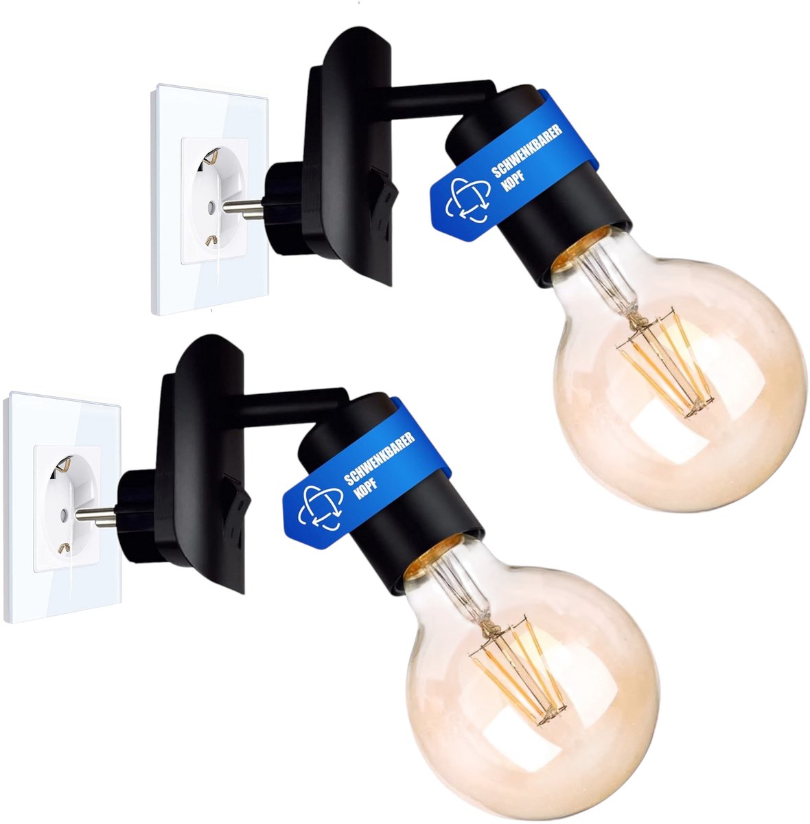 Trango Set van 2 Plug-in Lamp 11-259A incl. 1x 4 Watt 2500K Goud Warm Wit E27 LED Lamp in Zwart mat *ANNA* Wandlamp, Leeslamp, Nachtlampje, Wandlamp, Keukenlamp, Plug Lamp