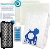 Onderhoudsset voor stofzuiger met 2 witte filters, 1 zwart filter, 5 blauwe geursticks, 1 stofzuigerzak met blauw sluitingsmechanisme en checklist.