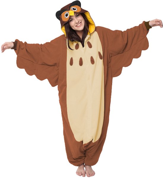 KIMU® Onesie Bruine Uil Pak - Maat XS-S of 152-158 - Uilenpak Kostuum Bruin Vogel - Vogelpak Jumpsuit Huispak Pyjama Dames Heren Fleece Overall Festival