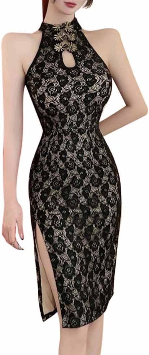 Allecto Plus - Halternek Cheongsam Jurk met Bloemenkant en Zijsplit - Bodycon MIDI Dress - Zomers Jurk voor Dames - Charmant en Elegant