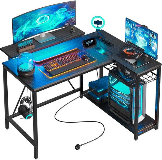 Five Stars® L-Vormig Game Bureau - 107x80x76 cm - Game Bureau met LED verlichting - Zwart Carbon - Hoekbureau - Gaming Desk - Computertafel