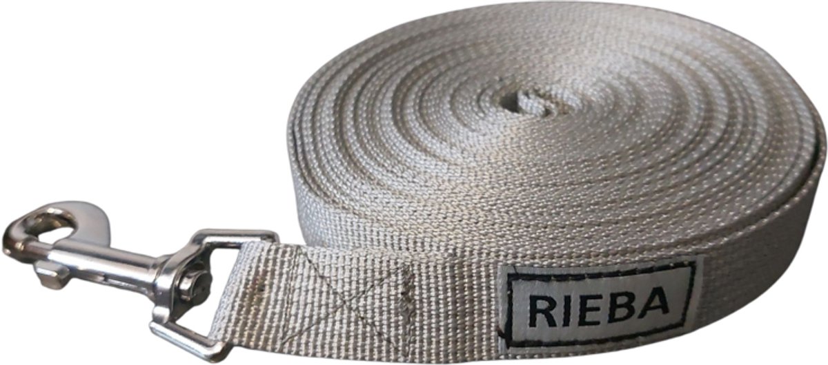 Rieba® Hondenriem 10 meter – Lange Lijn - Trainingslijn – Sleeplijn – Speurlijn - Hondenlijn – Looplijn – Riem Hond - Voor Training en Wandelen – 2 cm Breed – Nylon – Grijs