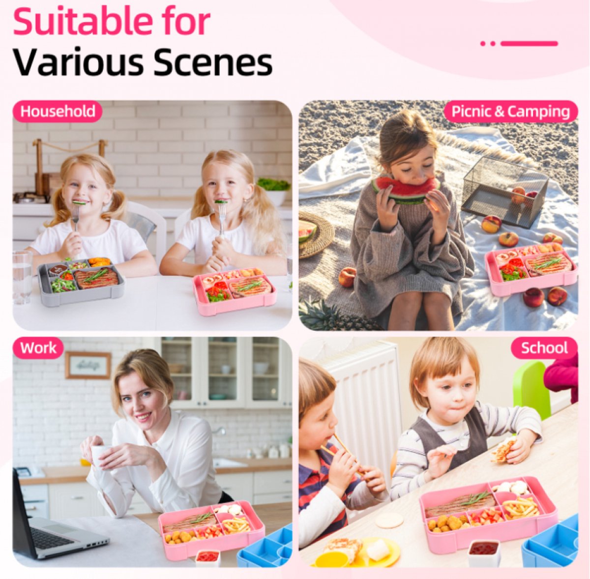 Lunchbox - Broodtrommel - 1330 ml - Broodtrommel voor Kinderen - Bento Box - Bentoboxen met Bestek - Lekvrij - Geïsoleerde Lunchbox voor Volwassenen en Kinderen, Picknick, Werk, School - Roze — cadeau in Koken & Dineren - foto 5
