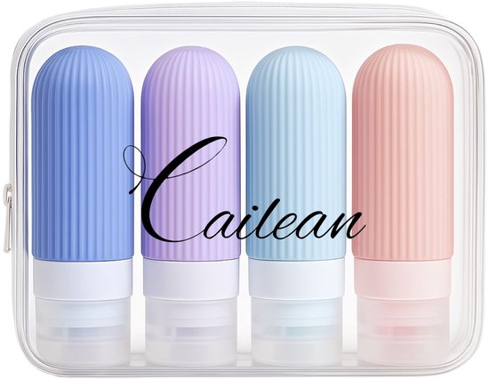 Cailean - Bouteilles de voyage avec étui - 4 pièces - 60 ml - Violet/ Blauw - Rechargeables - Bagage à main - Silicone - Accessoires de voyage - Coffret de voyage - Durable - Flacons de voyage