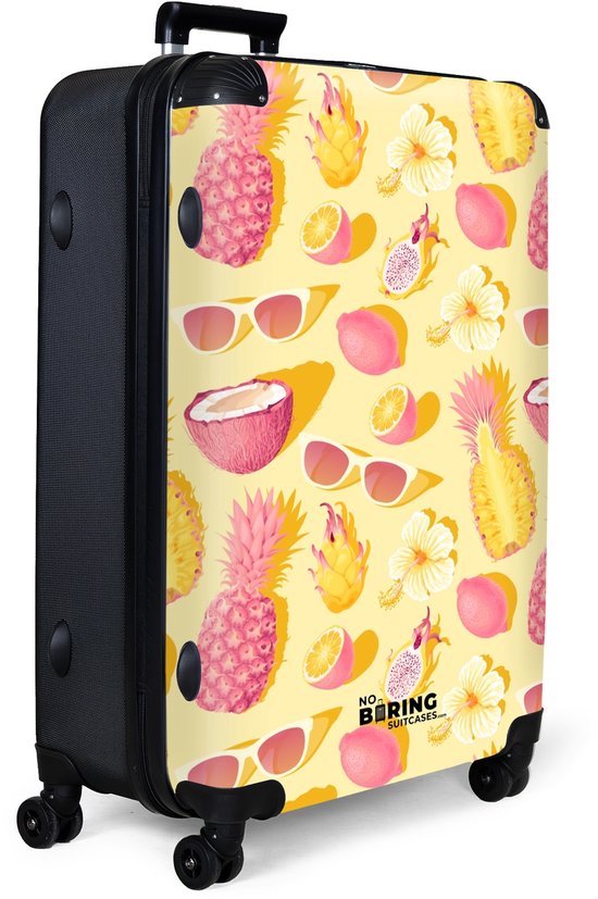 NoBoringSuitcases.com® - Koffer groot - Reiskoffer lichtgewicht - Roze en geel patroon van bloemen en tropisch fruit - Rolkoffer met 4 wielen - Grote trolley XL - 98 liter bagage