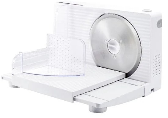 Witte snijmachine met metalen snijblad, instelbare snijbreedte en transparante delen.