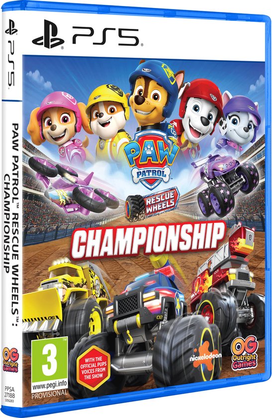 PlayStation 5 spelhoes met de Paw Patrol pups en hun raceauto's. "Championship" logo.