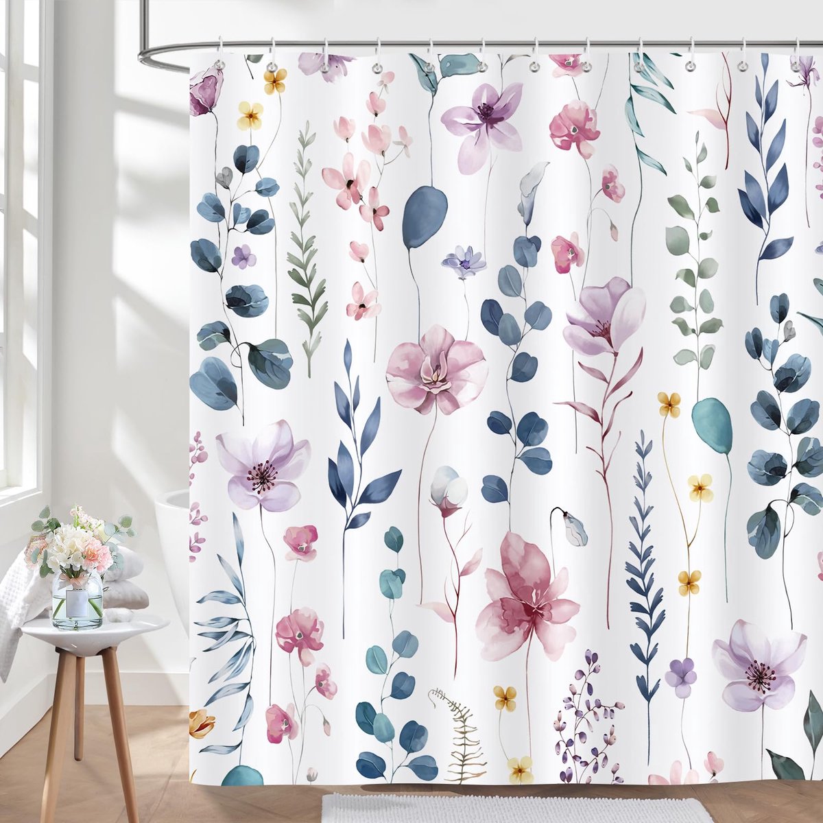 Ibenzoa® Waterdicht Douchegordijn met Kleurrijke Bloemen en Bladeren, 180 x 180 cm, Polyester