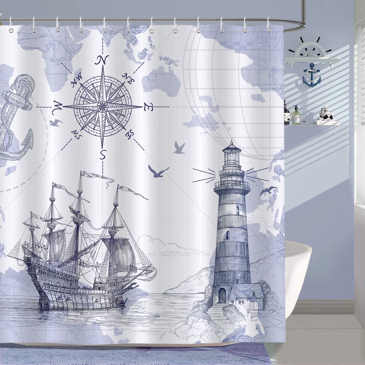 Ibenzoa® Waterdicht Douchegordijn met Nautisch Thema en Eenvoudige Installatie voor Badkamer, 180 x 180 cm