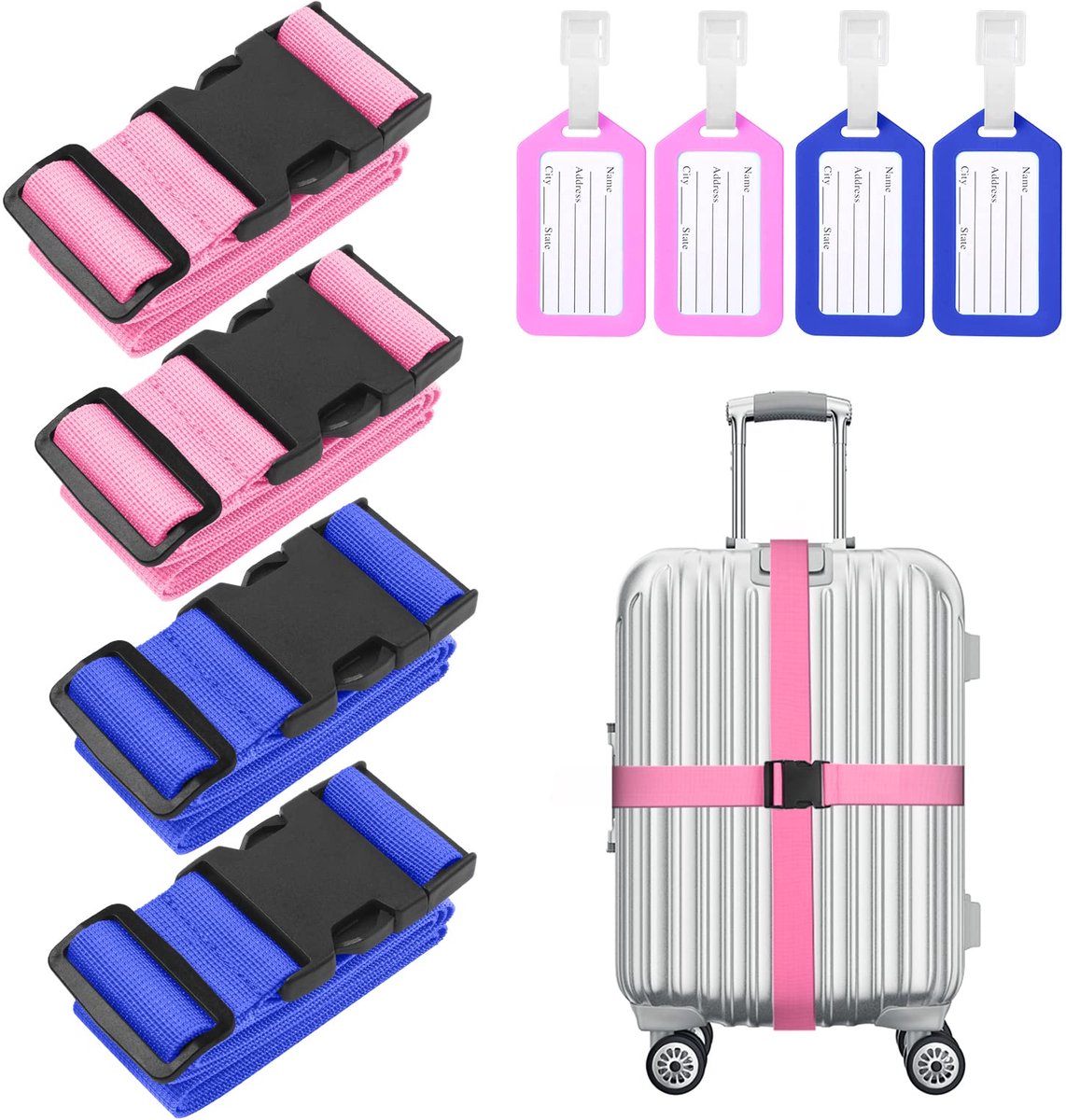Ibenzoa® Premium set van 4 kleurrijke en verstelbare bagageriemen met extra tags voor veilig reizen