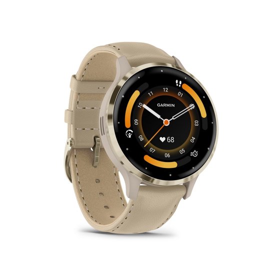 Garmin Venu 3S - 41 mm Smartwatch - Frans grijs - Beige leren band