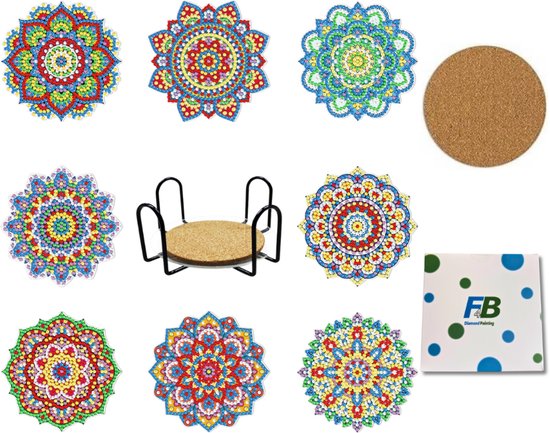F4B Diamond Painting Onderzetters Mandala (2) – 8 Stuks – Ø10 cm – Met Houder