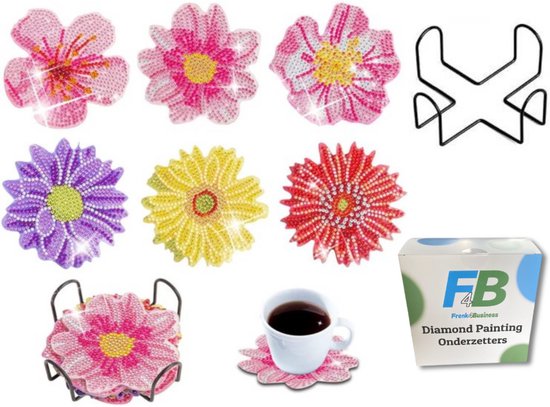 F4B Diamond Painting Onderzetters Bloemen (1) – 6 Stuks – Ø10 cm – Met Houder