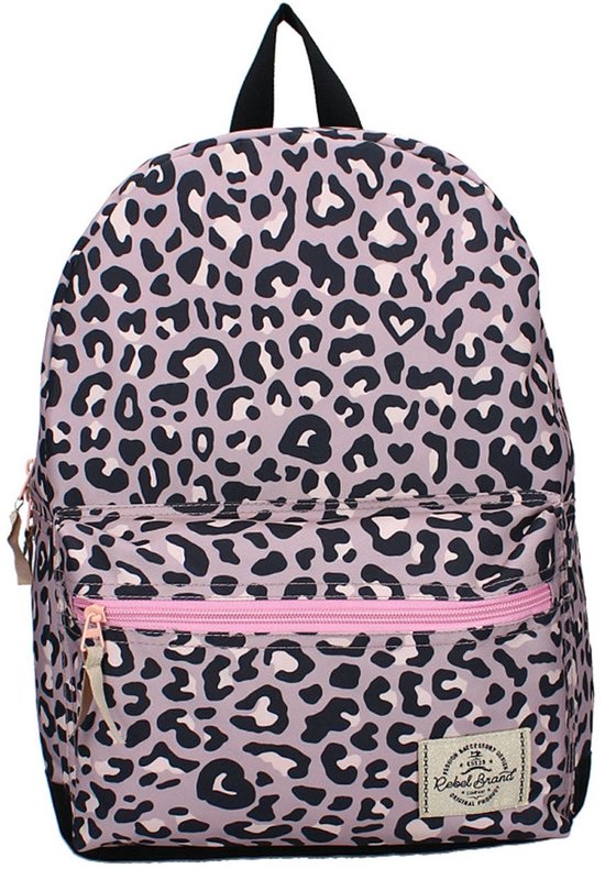 Roze rugzak met panterprint en roze ritsen.