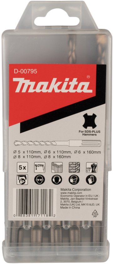 Makita D-00795, 5-delige betonboorset SDS-Plus, met maten Ø5x110mm t/m Ø8x160mm.
