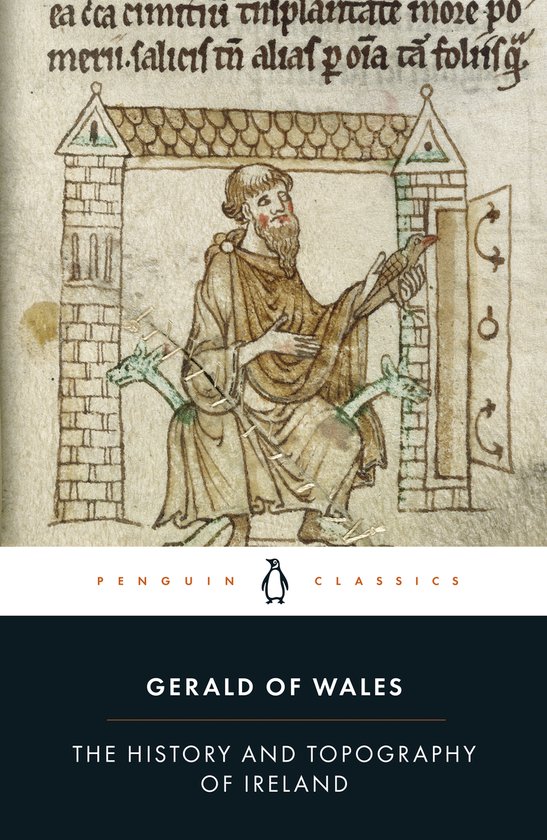 Illustratie uit een manuscript van Gerald of Wales, met een man met baard en een bruine mantel die een vogel vasthoudt. Penguin Classics.